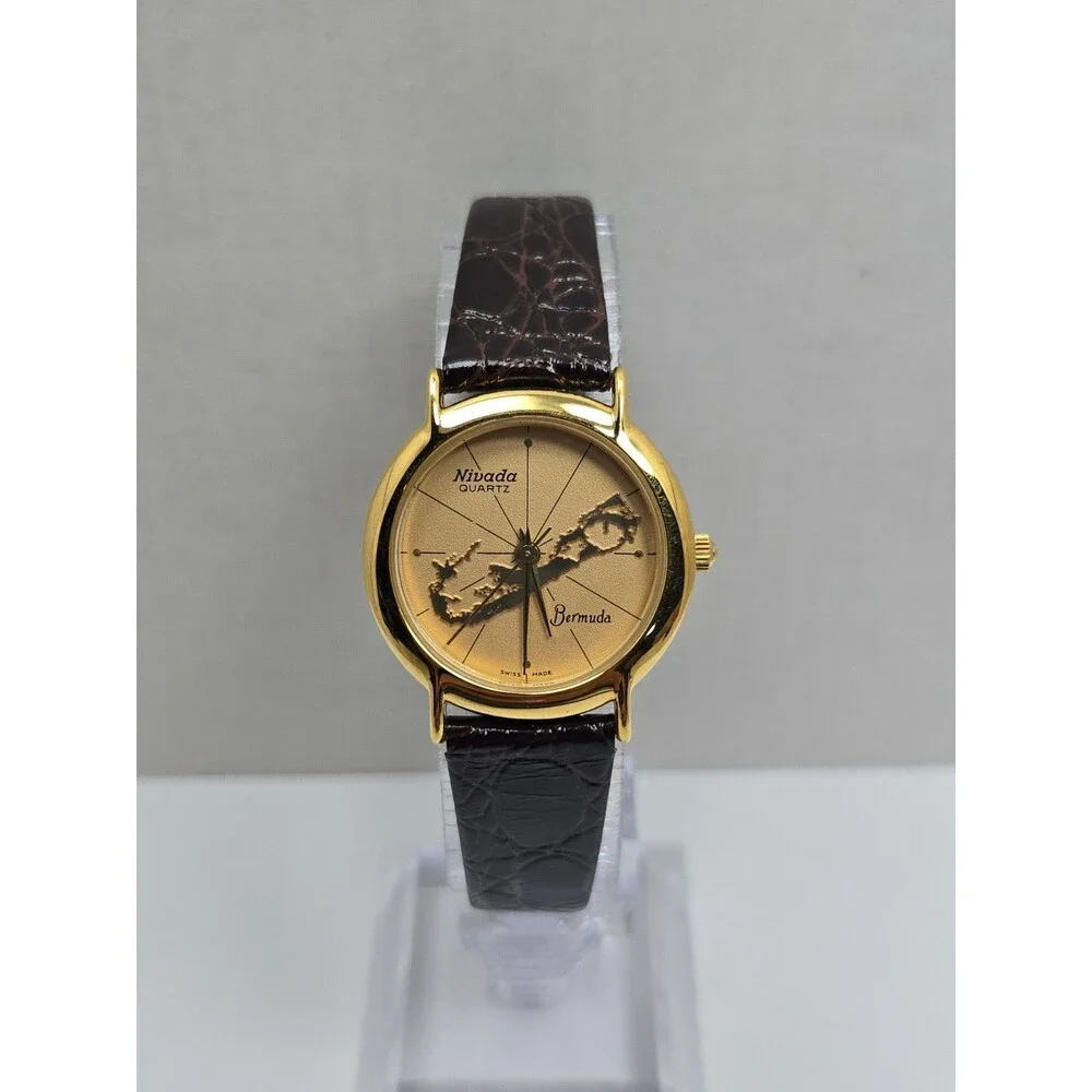 Womens Vintage Nivada Bermuda Map Swiss Quartz Gold Leather Watch New Battery